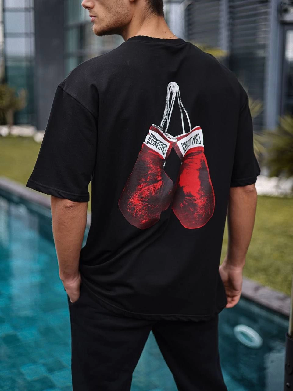 Erkek  Bisiklet Yaka Baskılı Oversize T-Shirt - Siyah