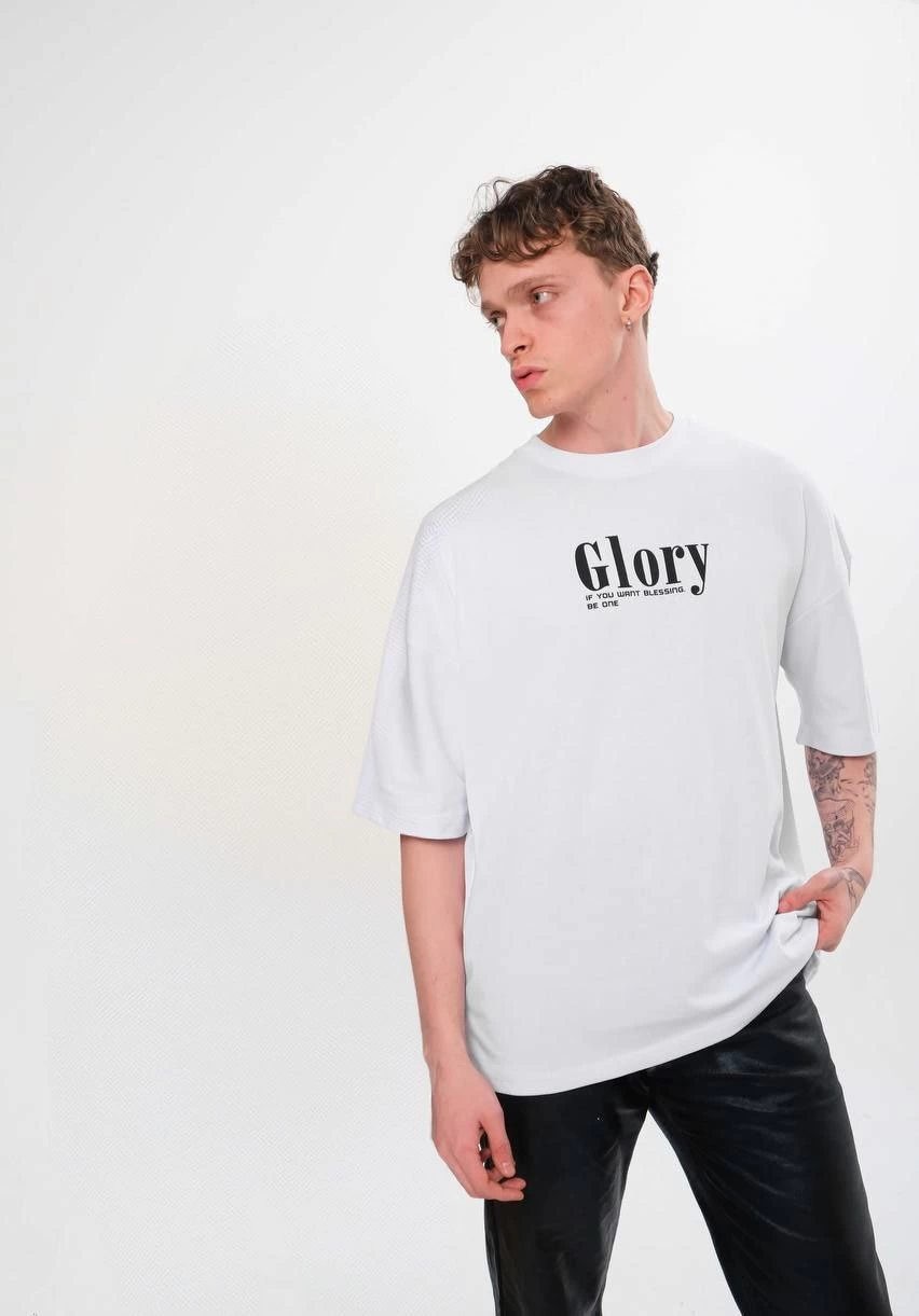 Erkek Bisiklet Yaka Baskılı Oversize Kısa kol T-Shirt - Siyah