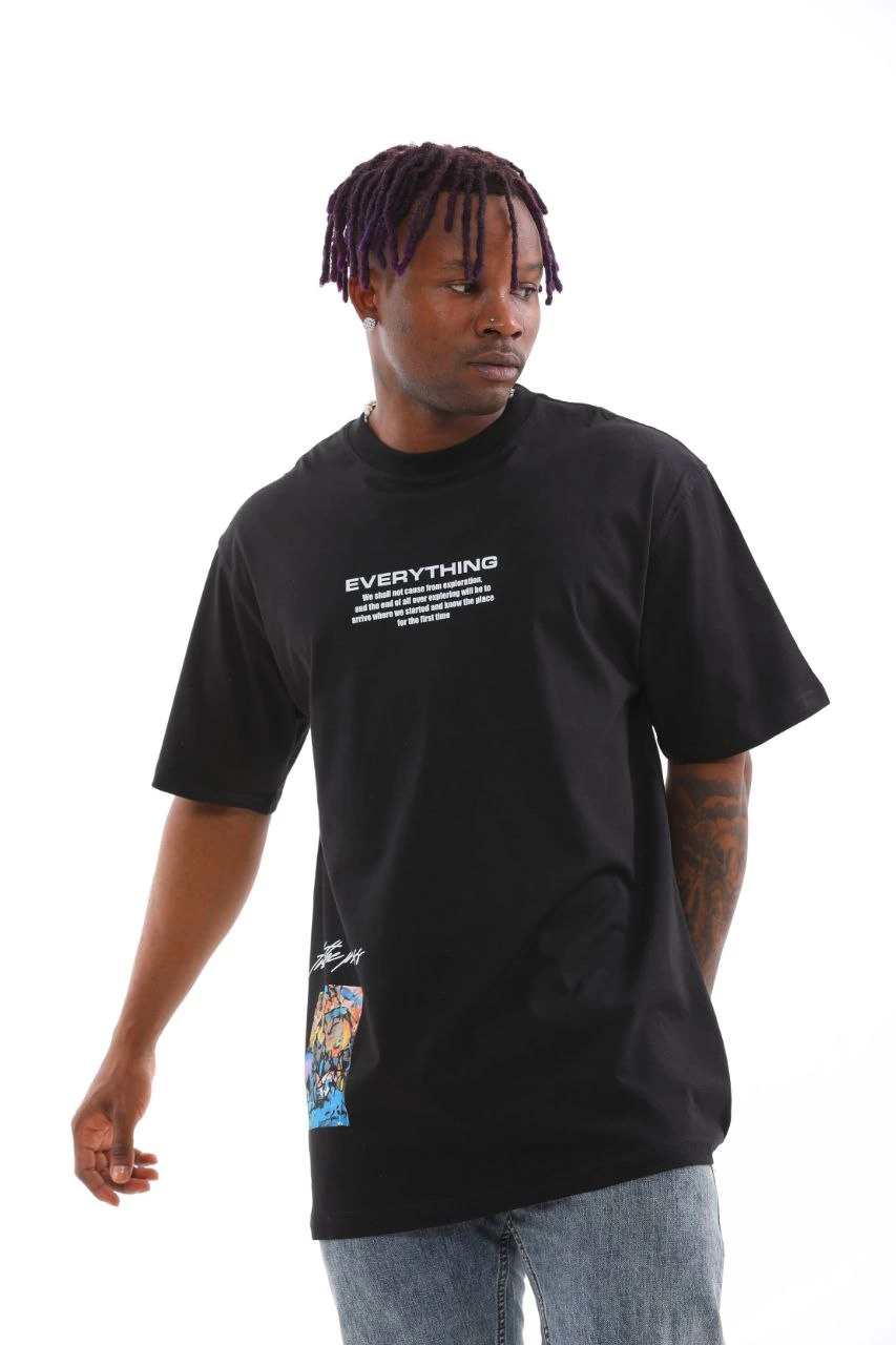Erkek Bisiklet Yaka Baskılı Oversize T-Shirt - Siyah