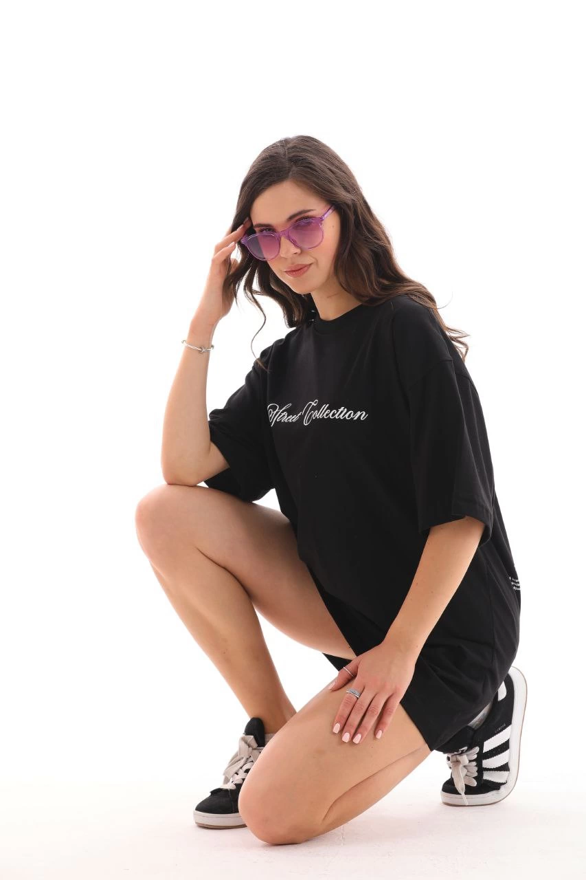 Kadın Baskılı T-Shirt Kısa Kol Bisiklet Yaka  Ovarsize Rahat Kalıp Günlük Tişört  - Siyah