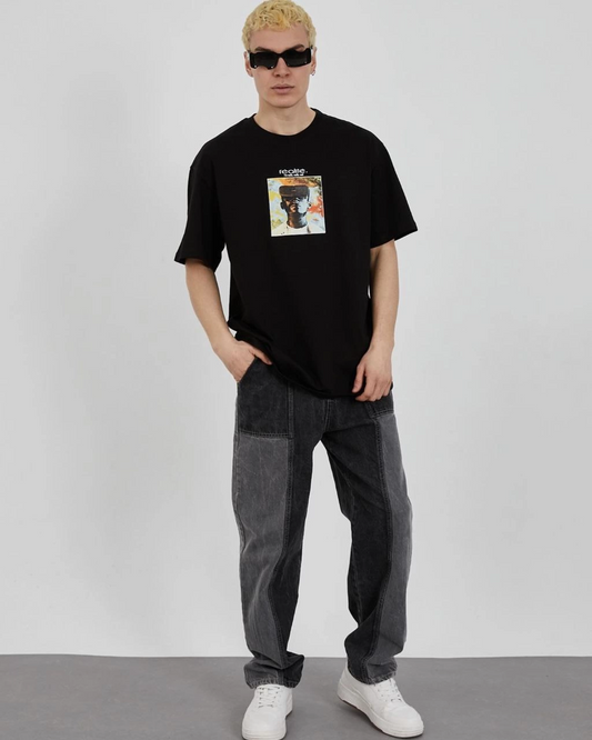 ERKEK Bisiklet Yaka Baskılı Oversize Kısa kol T-Shirt - Siyah