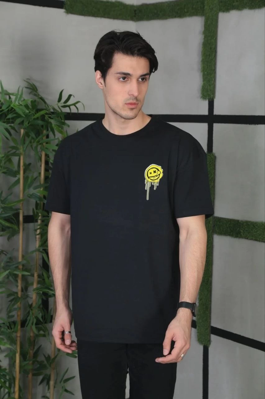 ERKEK Bisiklet Yaka Baskılı  Kısa kol Oversize T-Shirt - Siyah