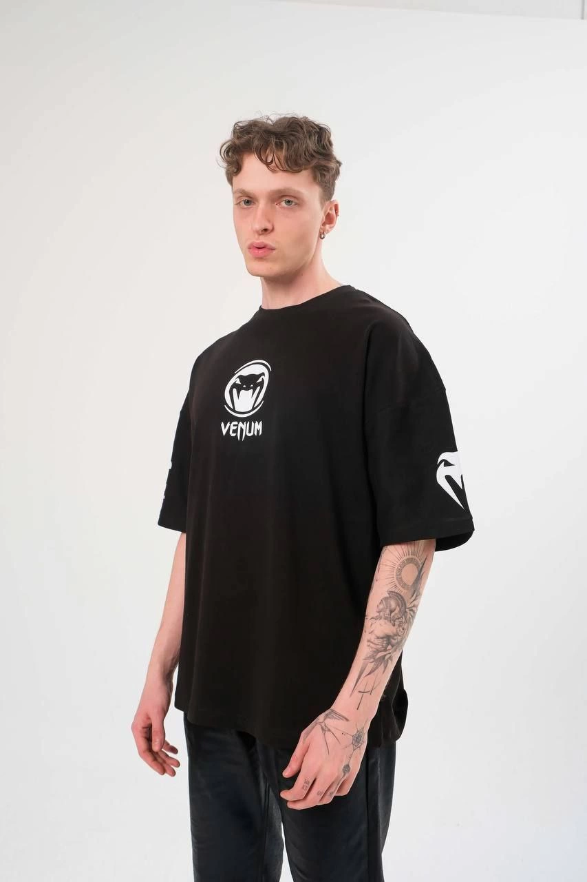 Erkek Bisiklet Yaka Baskılı  Kısa kol Oversize T-Shirt - Siyah