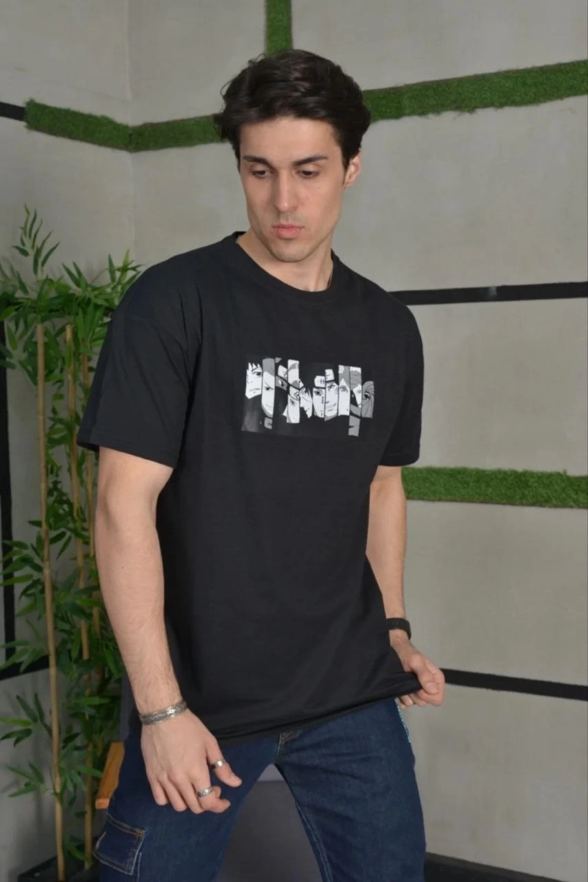 ERKEK Bisiklet Yaka Baskılı Kısa kol  Oversize T-Shirt - Siyah