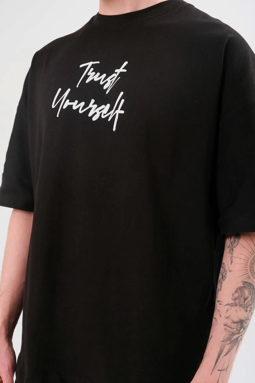 ERKEK Bisiklet Yaka Baskılı Oversize Kısa kol T-Shirt - Siyah