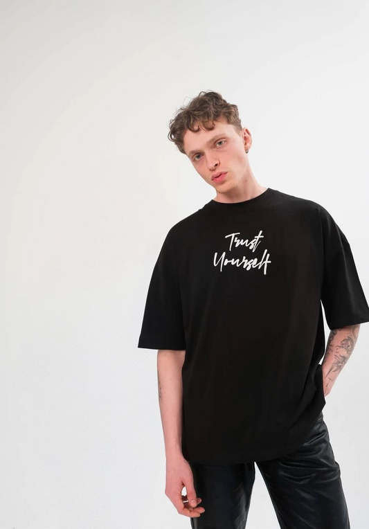 ERKEK Bisiklet Yaka Baskılı Oversize Kısa kol T-Shirt - Siyah