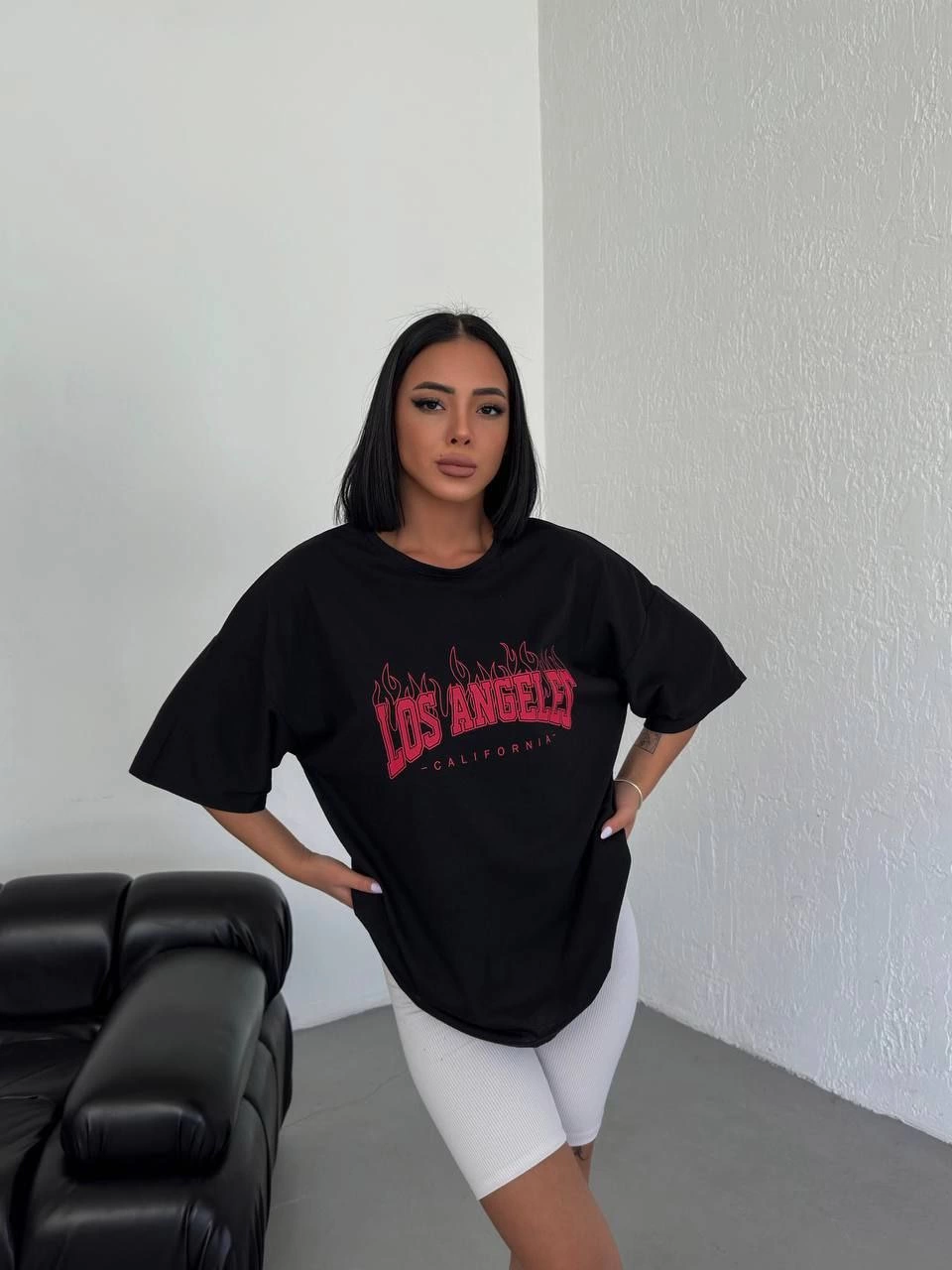 Kadın Baskılı T-Shirt Kısa Kol Bisiklet Yaka  Ovarsize Rahat Kalıp Günlük Tişört  - Siyah