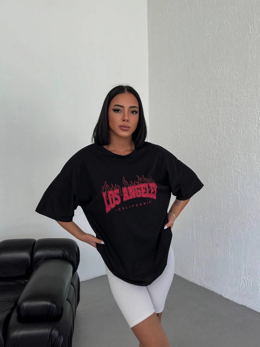 Kadın Baskılı T-Shirt Kısa Kol Bisiklet Yaka  Ovarsize Rahat Kalıp Günlük Tişört  - Siyah