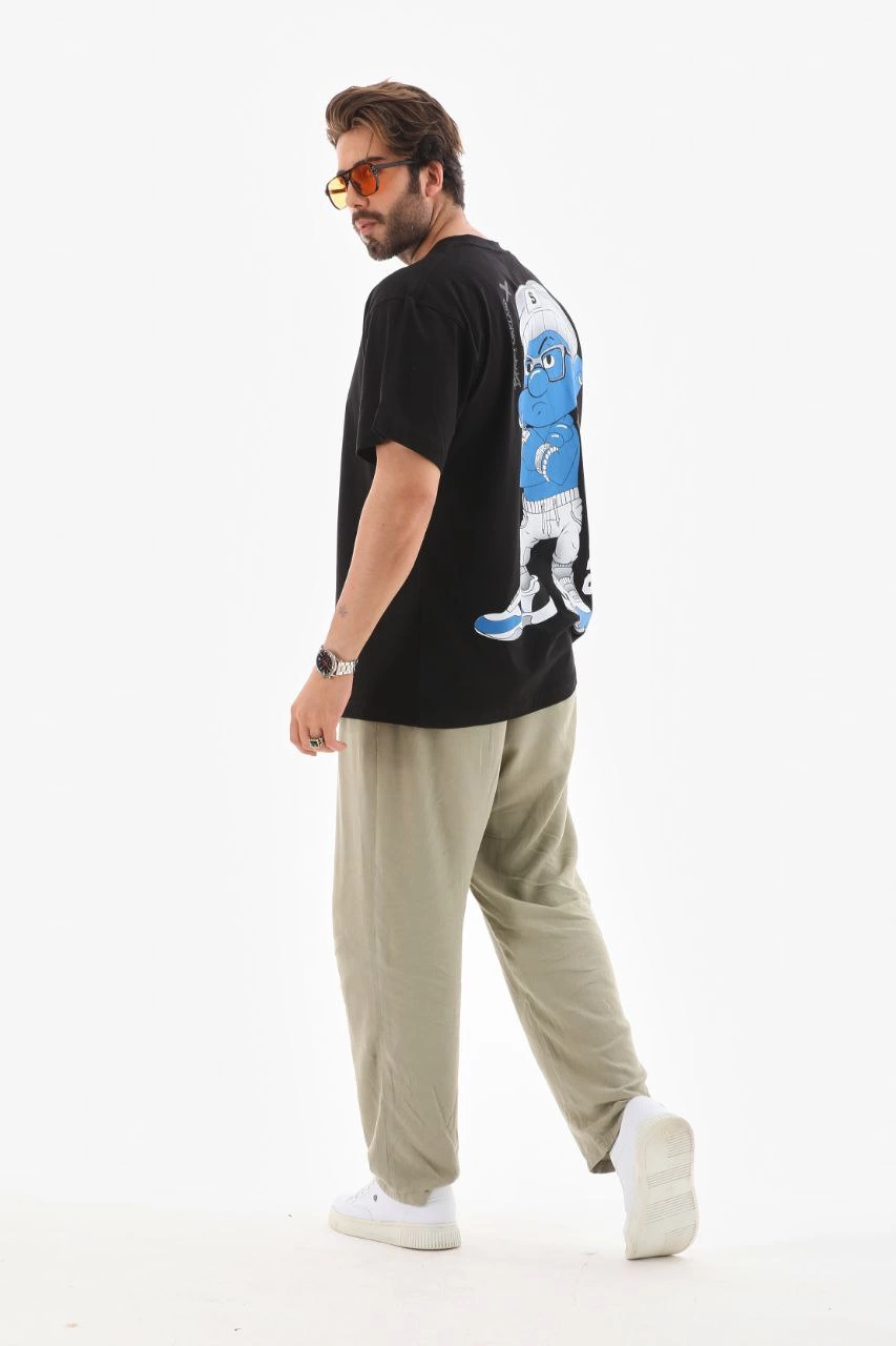 Erkek  Bisiklet Yaka Baskılı Oversize T-Shirt - Siyah