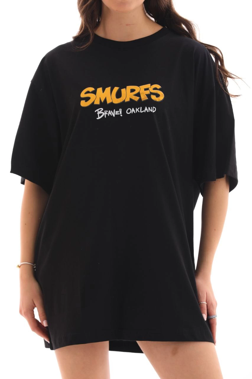 kadın  Bisiklet Yaka Baskılı Oversize T-Shirt - Siyah