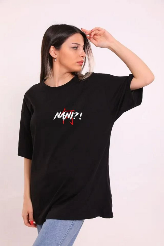 kadın  Bisiklet Yaka Baskılı Oversize T-Shirt - Siyah