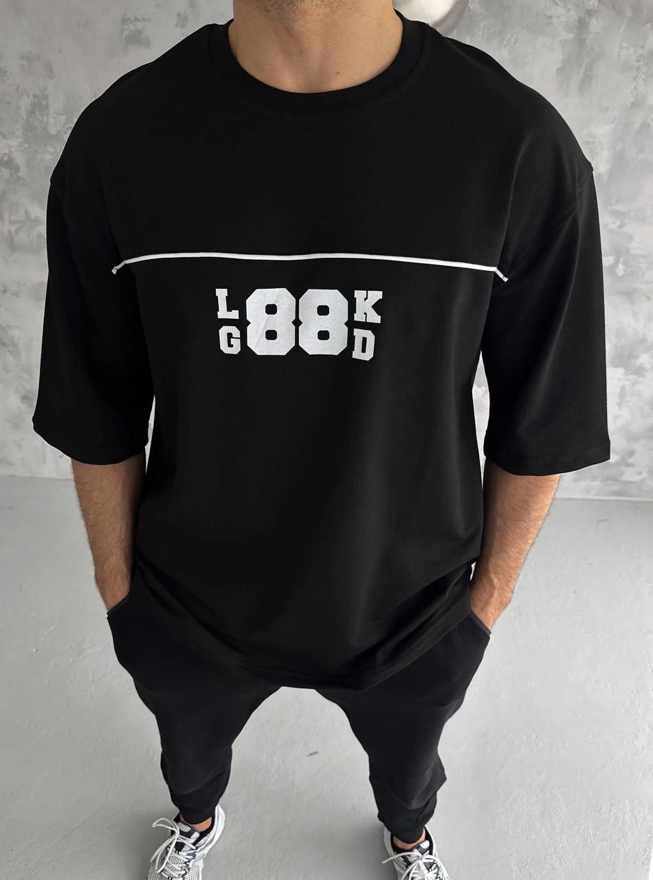 Erkek Bisiklet Yaka Baskılı Oversize T-Shirt - Siyah
