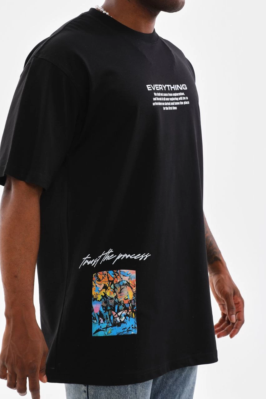 Erkek Bisiklet Yaka Baskılı Oversize T-Shirt - Siyah