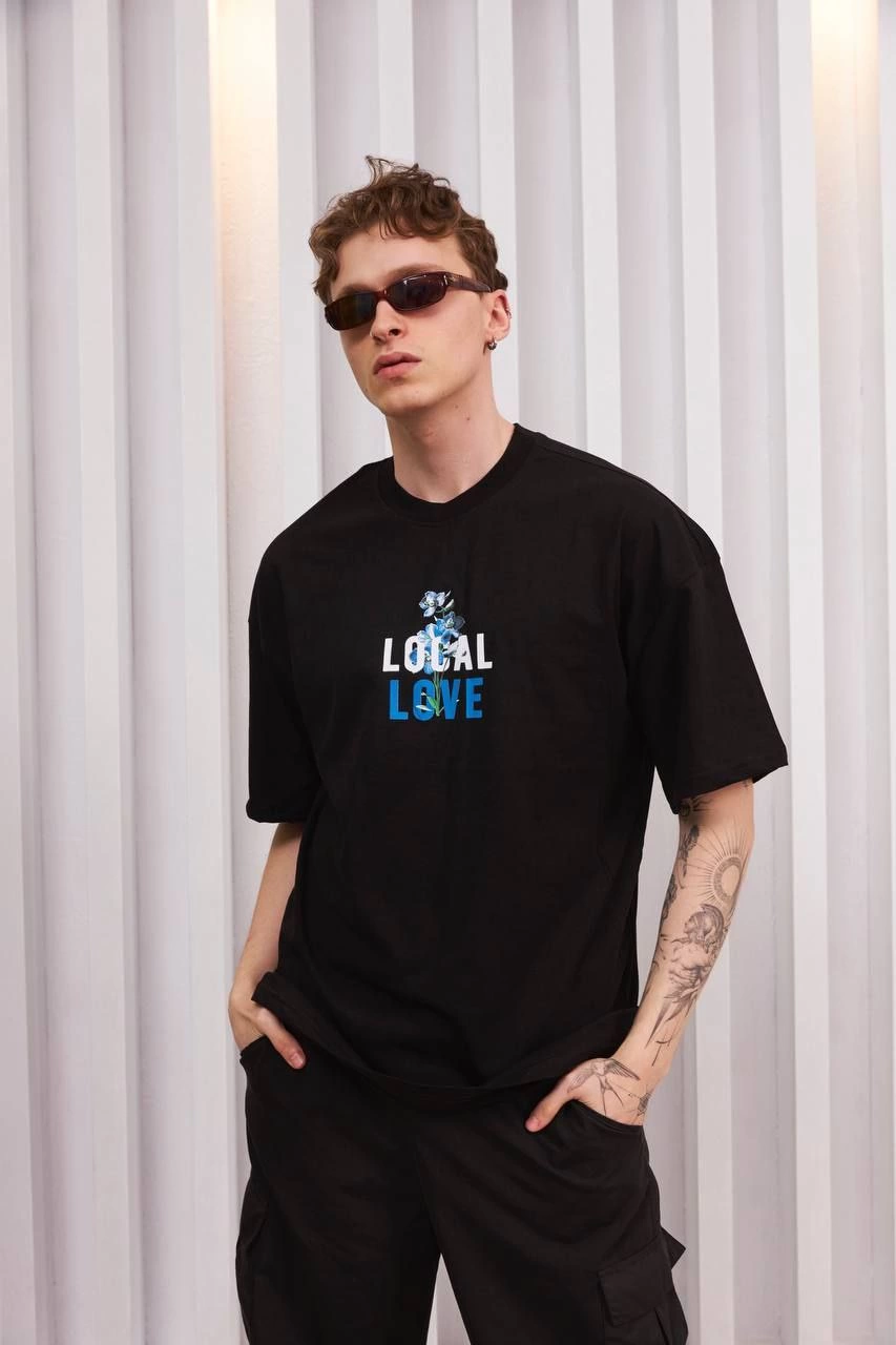 ERKEK Bisiklet Yaka Baskılı Oversize  Kısa kol T-Shirt - Siyah