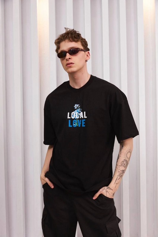 ERKEK Bisiklet Yaka Baskılı Oversize  Kısa kol T-Shirt - Siyah