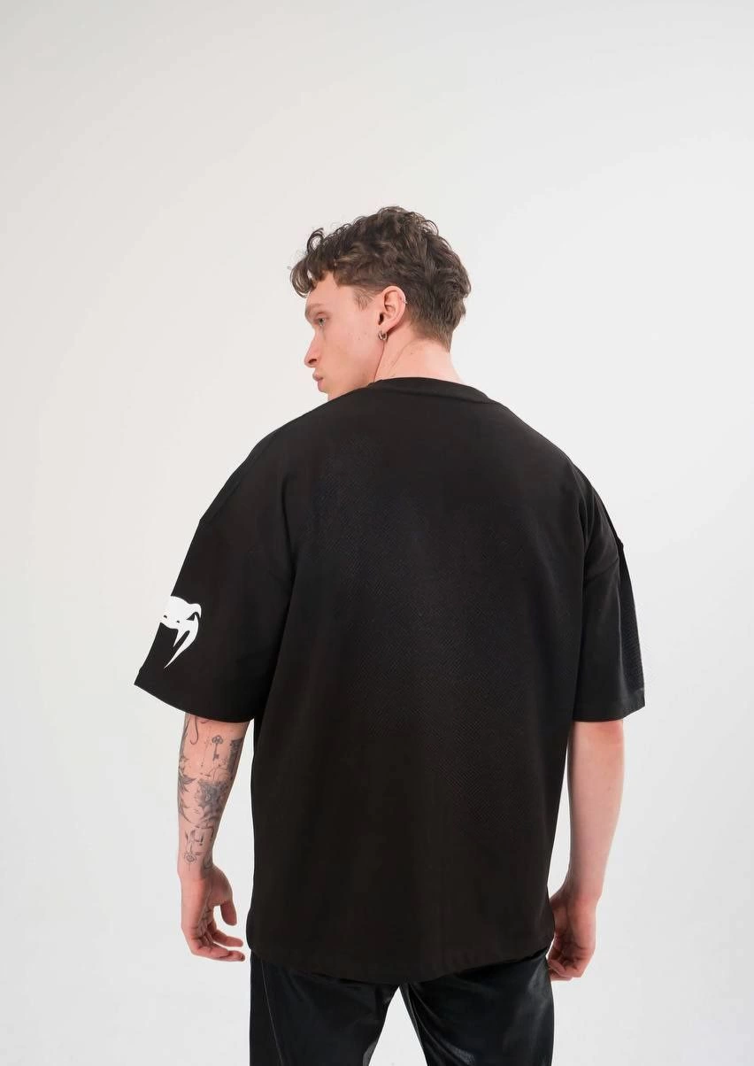 Erkek Bisiklet Yaka Baskılı  Kısa kol Oversize T-Shirt - Siyah