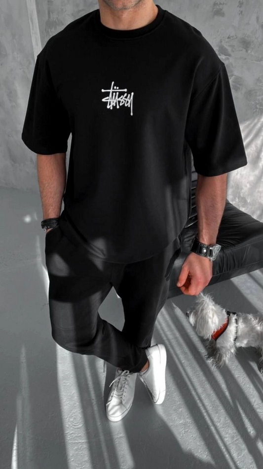 ERKEK Bisiklet Yaka Baskılı  Ovarsize  Kısa kol T-Shirt - Siyah