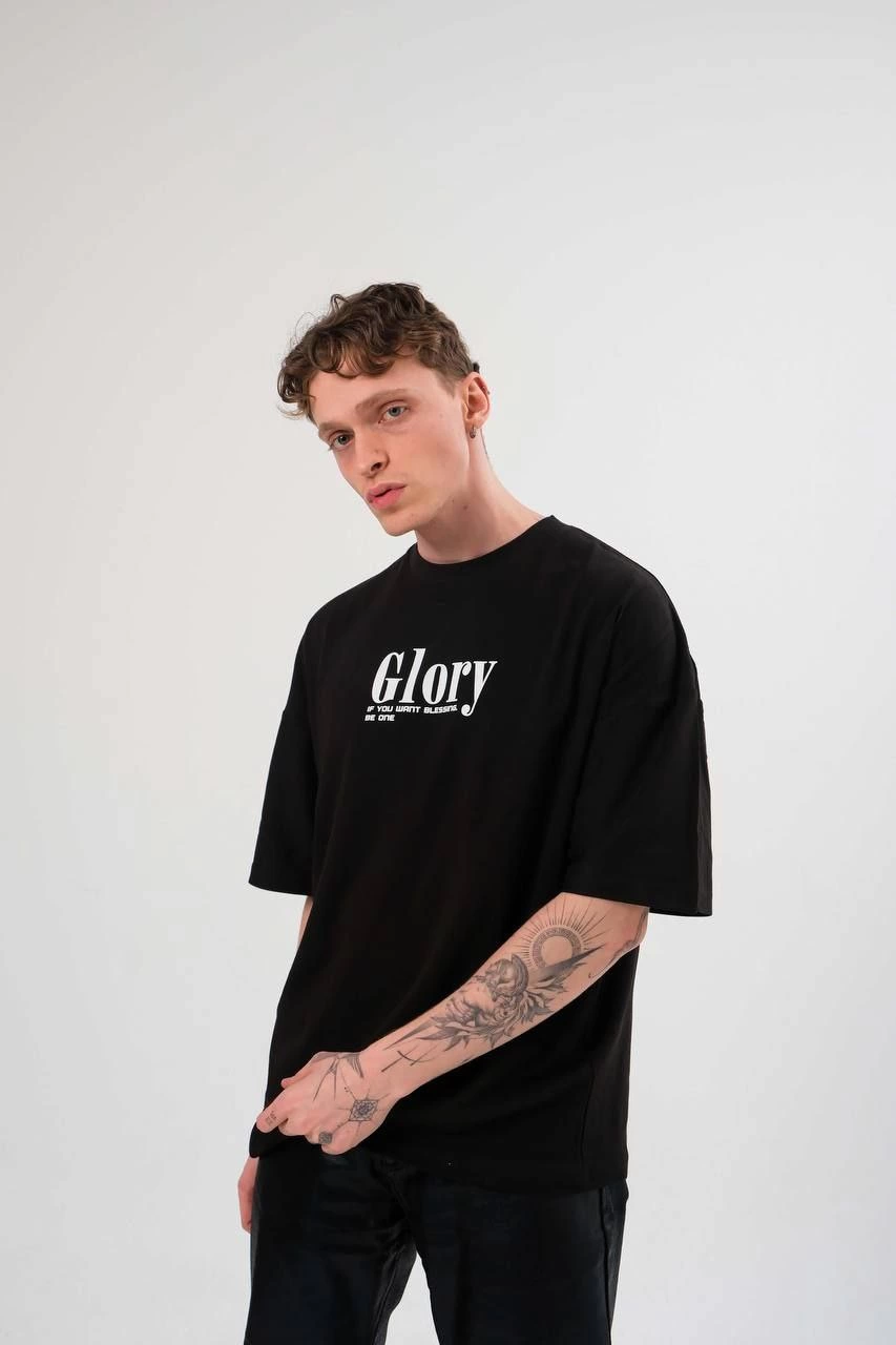 Erkek Bisiklet Yaka Baskılı  Kısa kol Oversize T-Shirt - Siyah