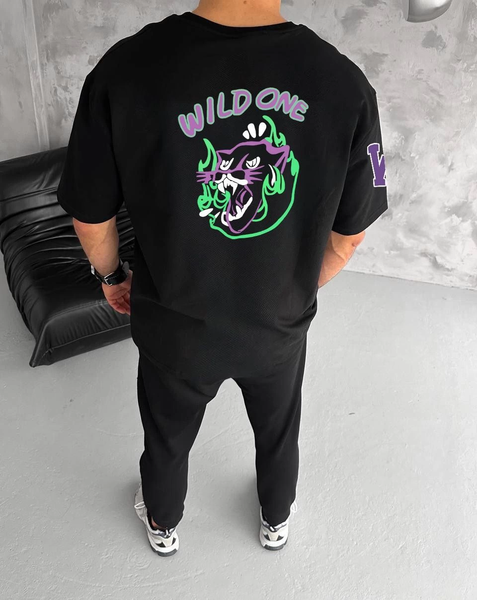 Erkek Bisiklet Yaka Baskılı Oversize T-Shirt - Siyah