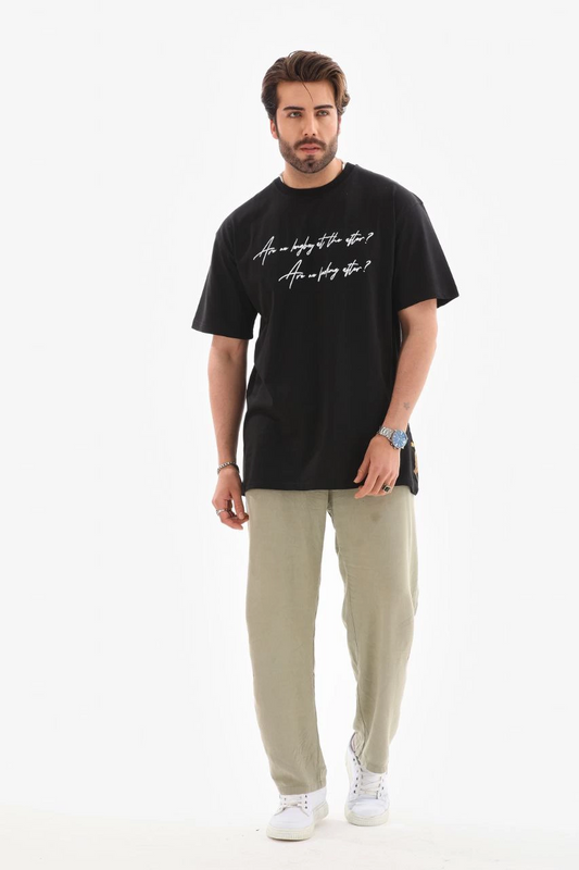 Erkek Bisiklet Yaka Baskılı Oversize T-Shirt - Siyah