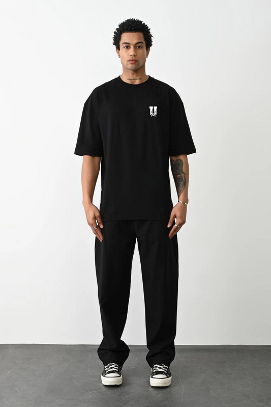 ERKEK Bisiklet Yaka Baskılı Oversize T-Shirt - Siyah