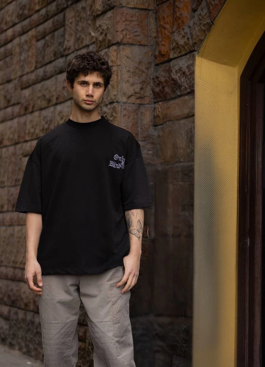 Erkek Bisiklet Yaka Baskılı Oversize  Kısa kol T-Shirt - Siyah