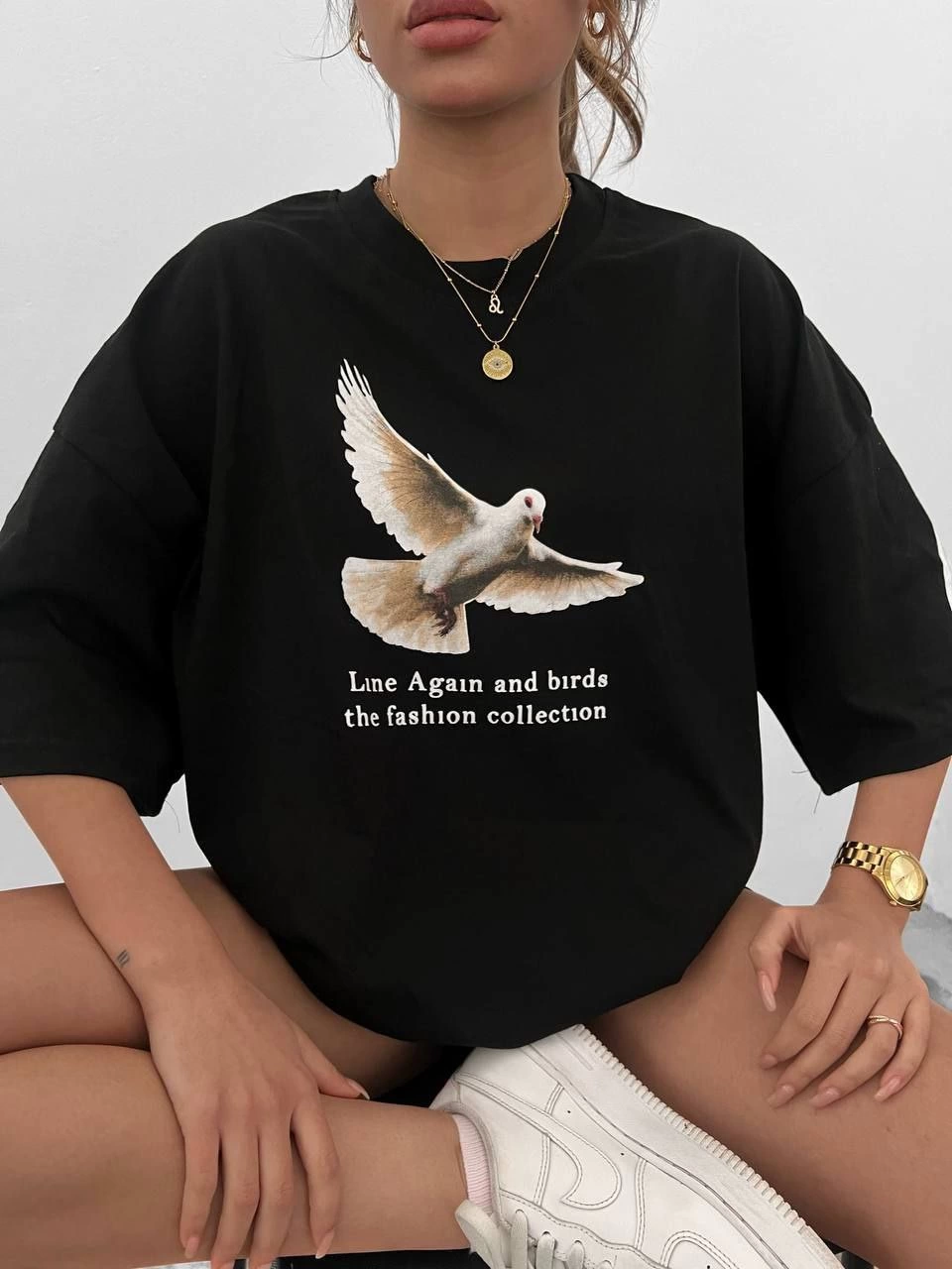 kadın Bisiklet Yaka Baskılı Kısa kol Oversize T-Shirt - Siyah