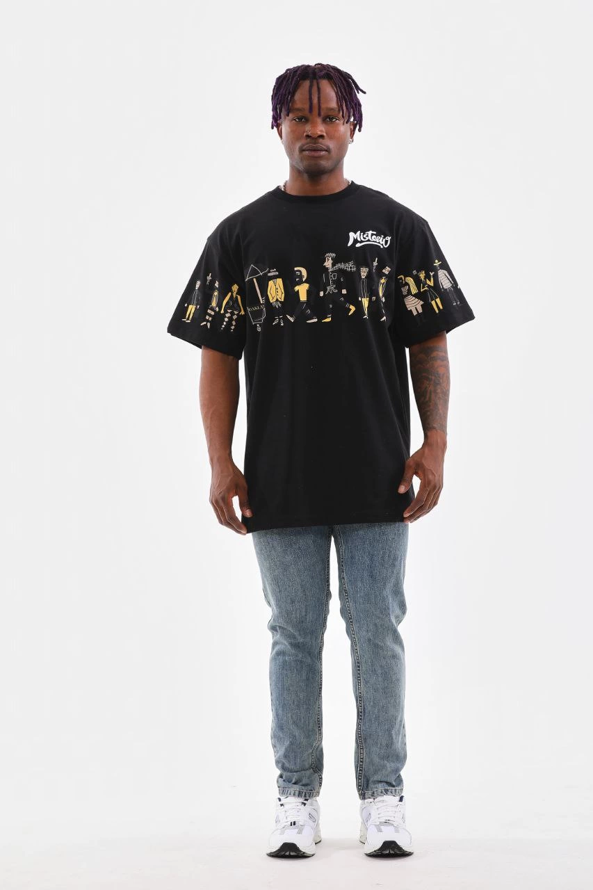 Erkek Bisiklet Yaka Baskılı Oversize T-Shirt - Siyah