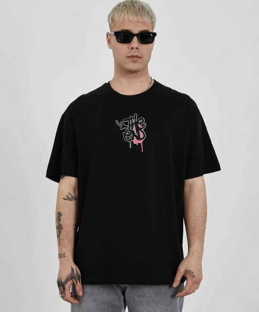 Erkek Bisiklet Yaka Baskılı Kısa kol T-Shirt - Siyah
