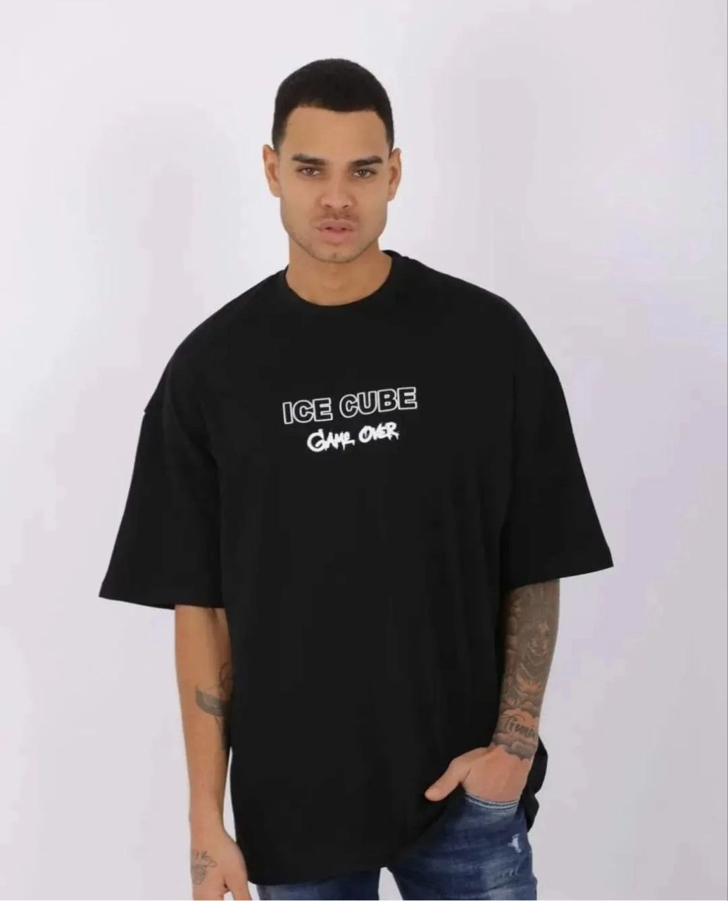 ERKEK Bisiklet Yaka Baskılı  Kısa kol Oversize T-Shirt - Siyah