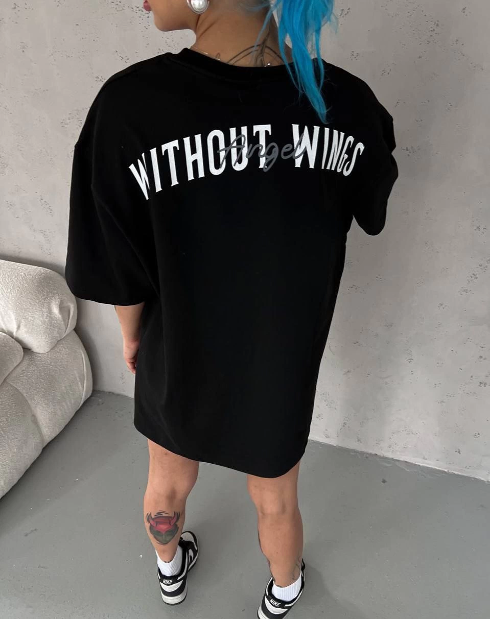 kadın Bisiklet Yaka Baskılı Oversize T-Shirt - Siyah