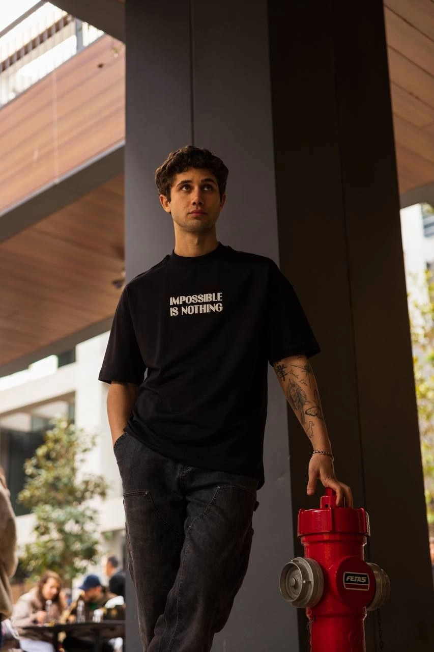 Erkek Bisiklet Yaka Baskılı Oversize  Kısa kol T-Shirt - Siyah