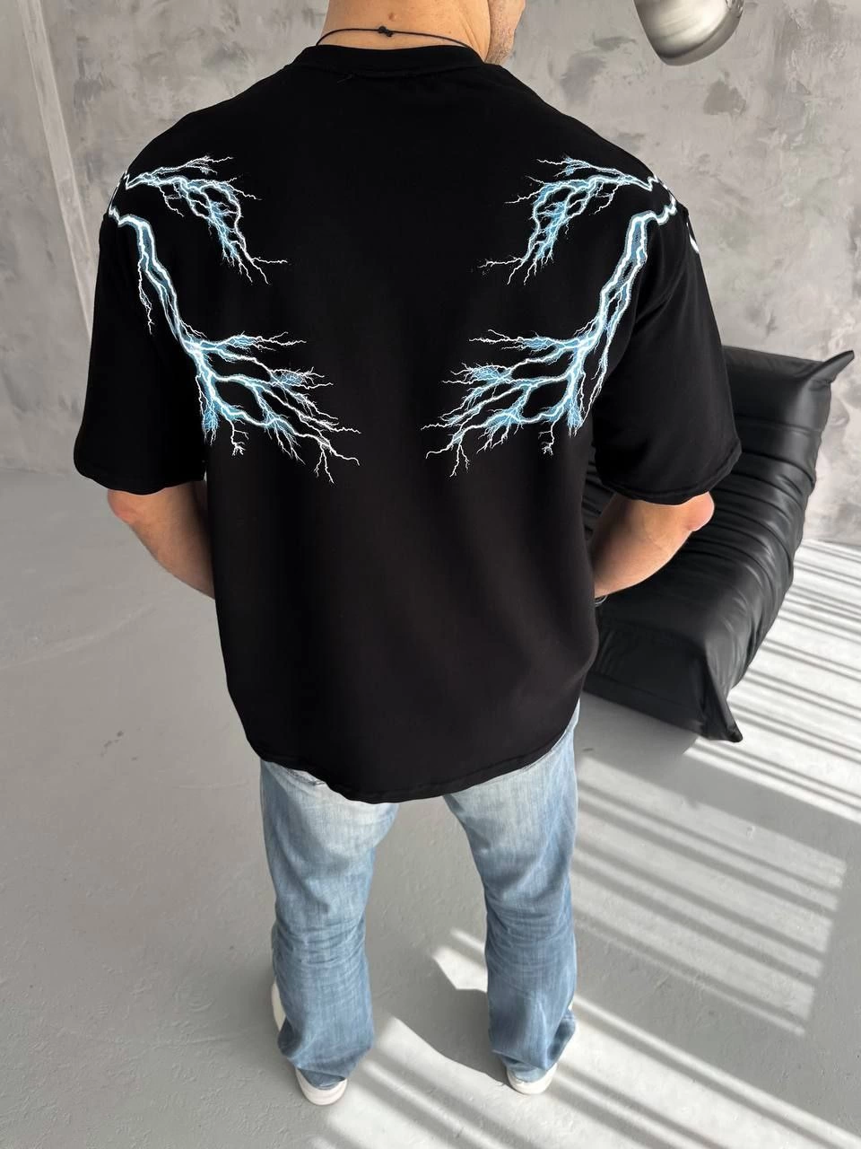 Erkek Yıldırım şimşek Baskılı T-Shirt Kısa Kol Bisiklet Yaka Tişört - Siyah