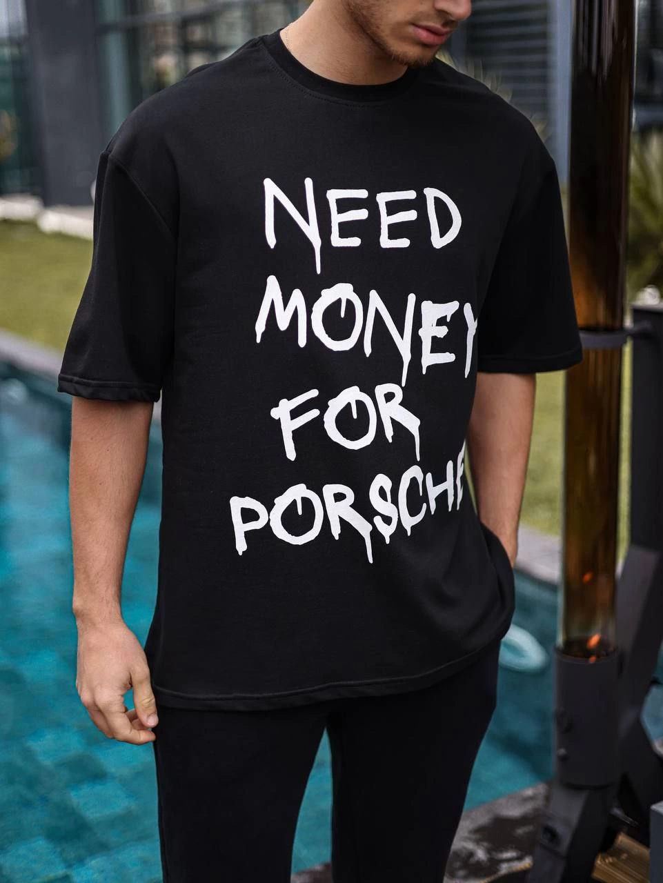 Erkek Bisiklet Yaka Baskılı  Kısa kol Oversize T-Shirt - Siyah
