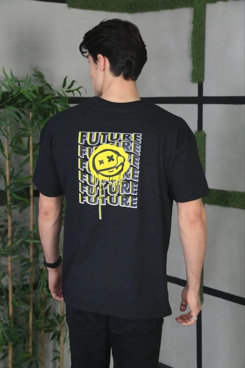 ERKEK Bisiklet Yaka Baskılı  Kısa kol Oversize T-Shirt - Siyah