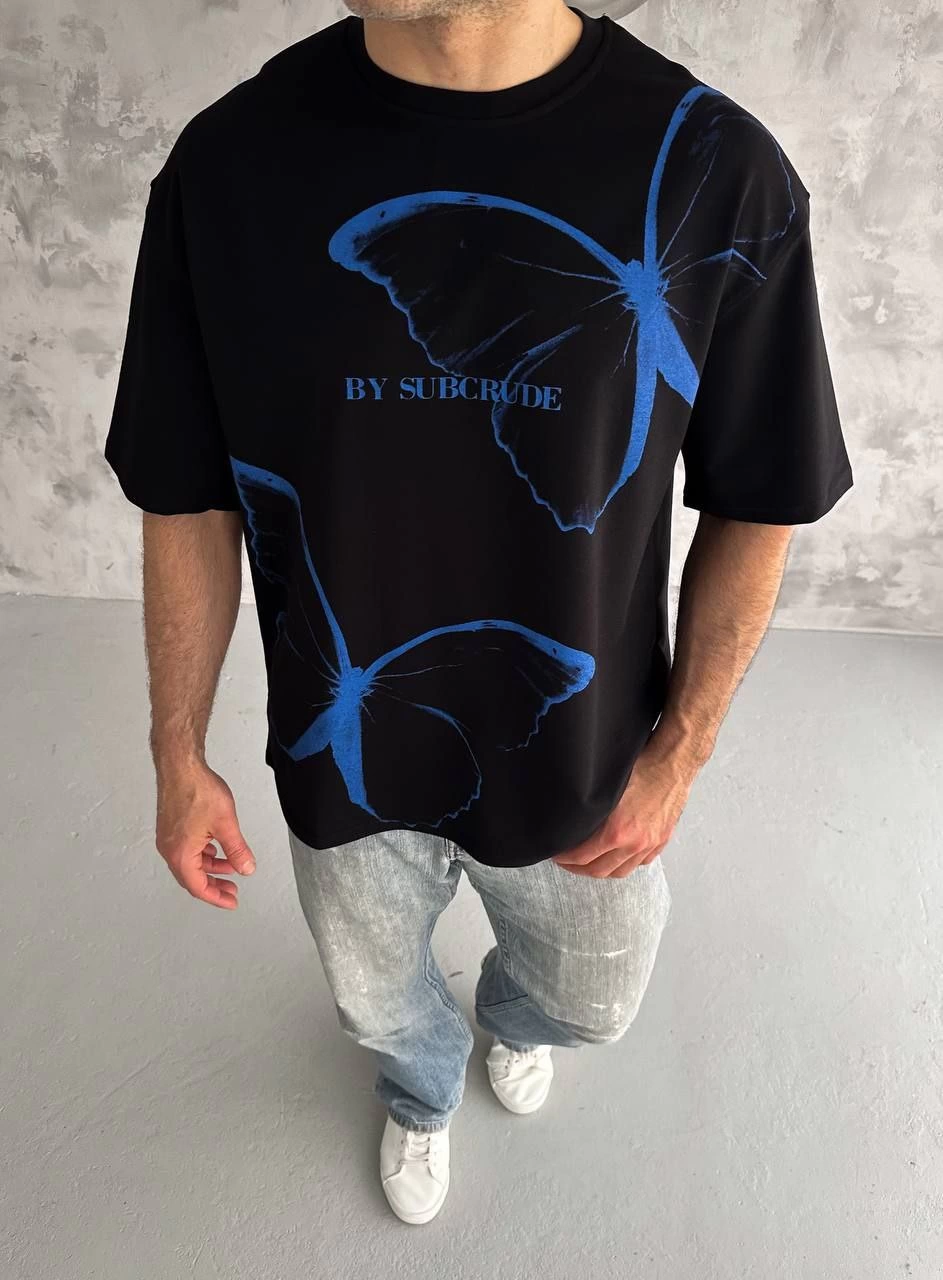 Erkek  Bisiklet Yaka Baskılı Oversize T-Shirt - Siyah