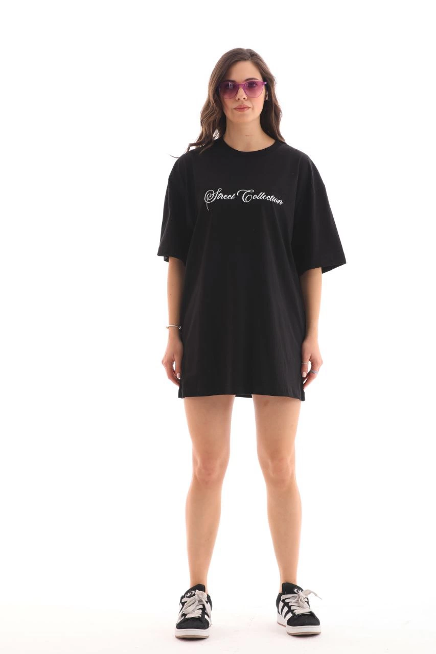 Kadın Baskılı T-Shirt Kısa Kol Bisiklet Yaka  Ovarsize Rahat Kalıp Günlük Tişört  - Siyah