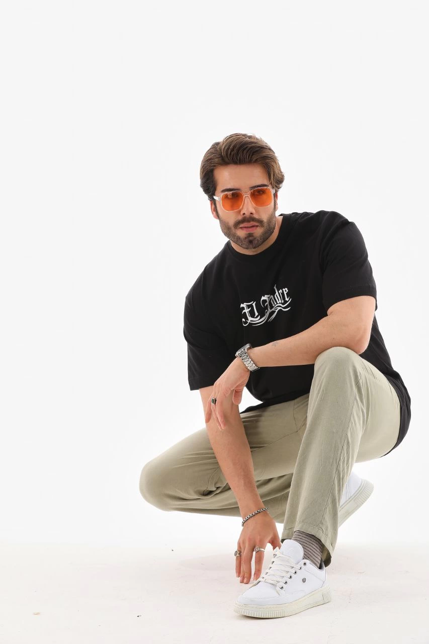 Erkek Bisiklet Yaka Baskılı Oversize T-Shirt - Siyah