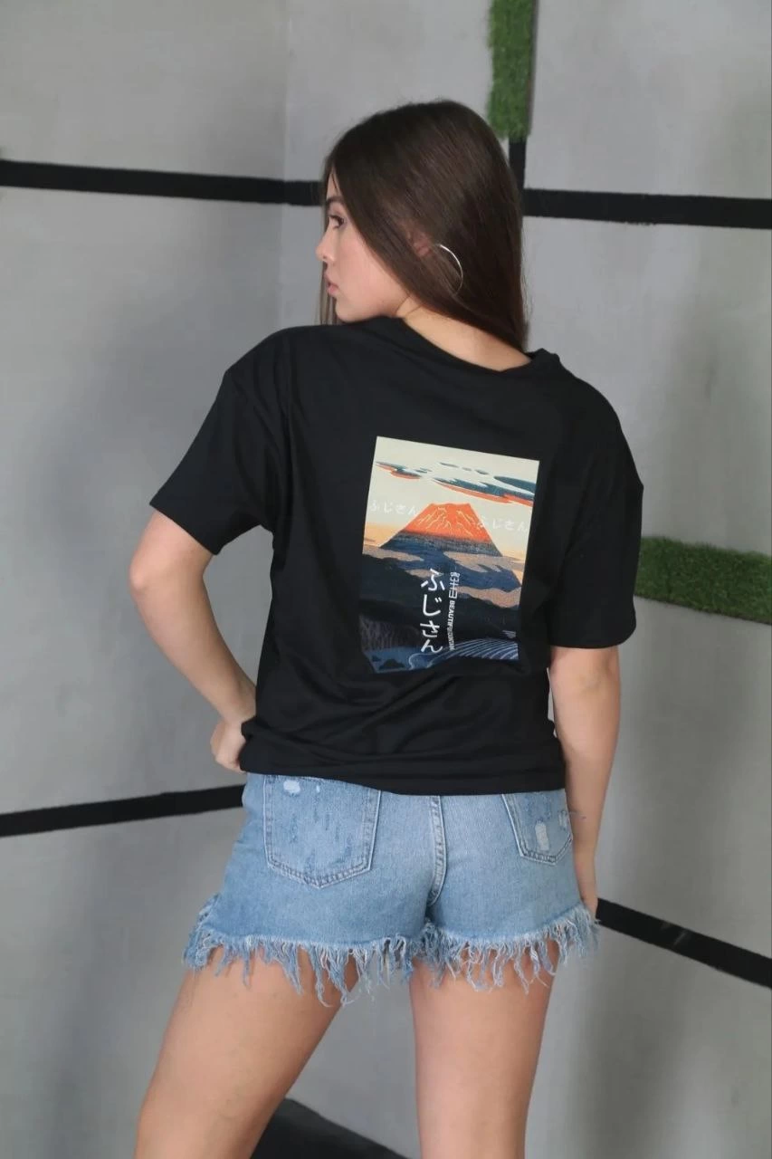 Kadın Bisiklet Yaka Baskılı Kısa kol  Oversize T-Shirt - Siyah