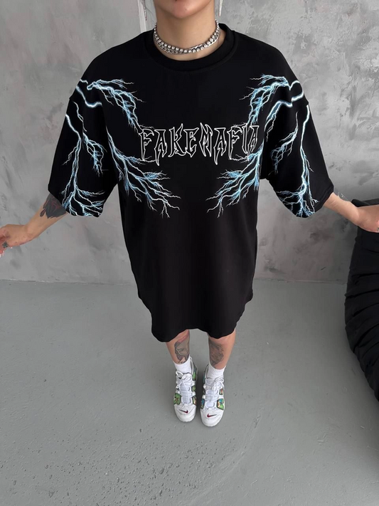 Kadın Bisiklet Yaka Yıldırım Baskılı  Kısa kol Oversize T-Shirt - Siyah
