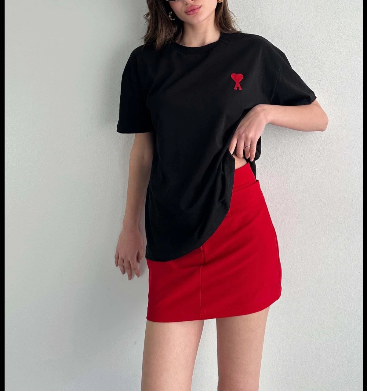 kadın Bisiklet Yaka Baskılı Oversize  Kısa Kol T-Shirt - Siyah