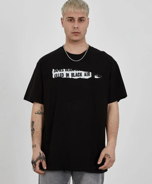 ERKEK Bisiklet Yaka Baskılı Oversize T-Shirt - Siyah