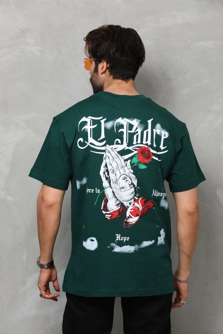 Erkek  Bisiklet Yaka Baskılı Oversize T-Shirt - Yeşil
