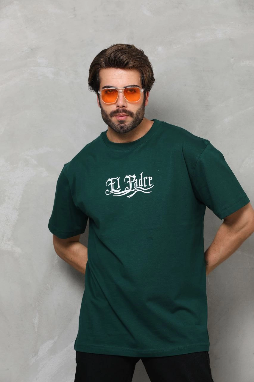 Erkek  Bisiklet Yaka Baskılı Oversize T-Shirt - Yeşil