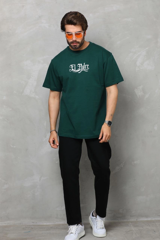 Erkek  Bisiklet Yaka Baskılı Oversize T-Shirt - Yeşil