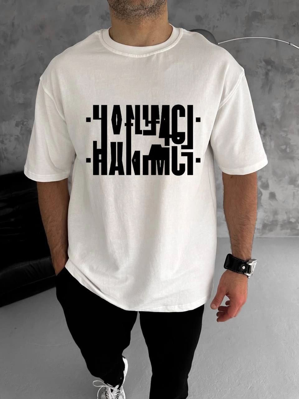 Erkek Bisiklet Yaka Katlanan Baskılı T-Shirt - Beyaz