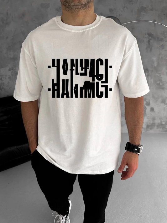 Erkek Bisiklet Yaka Katlanan Baskılı T-Shirt - Beyaz