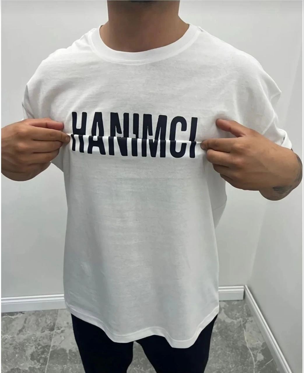 Erkek Bisiklet Yaka Katlanan Baskılı T-Shirt - Beyaz