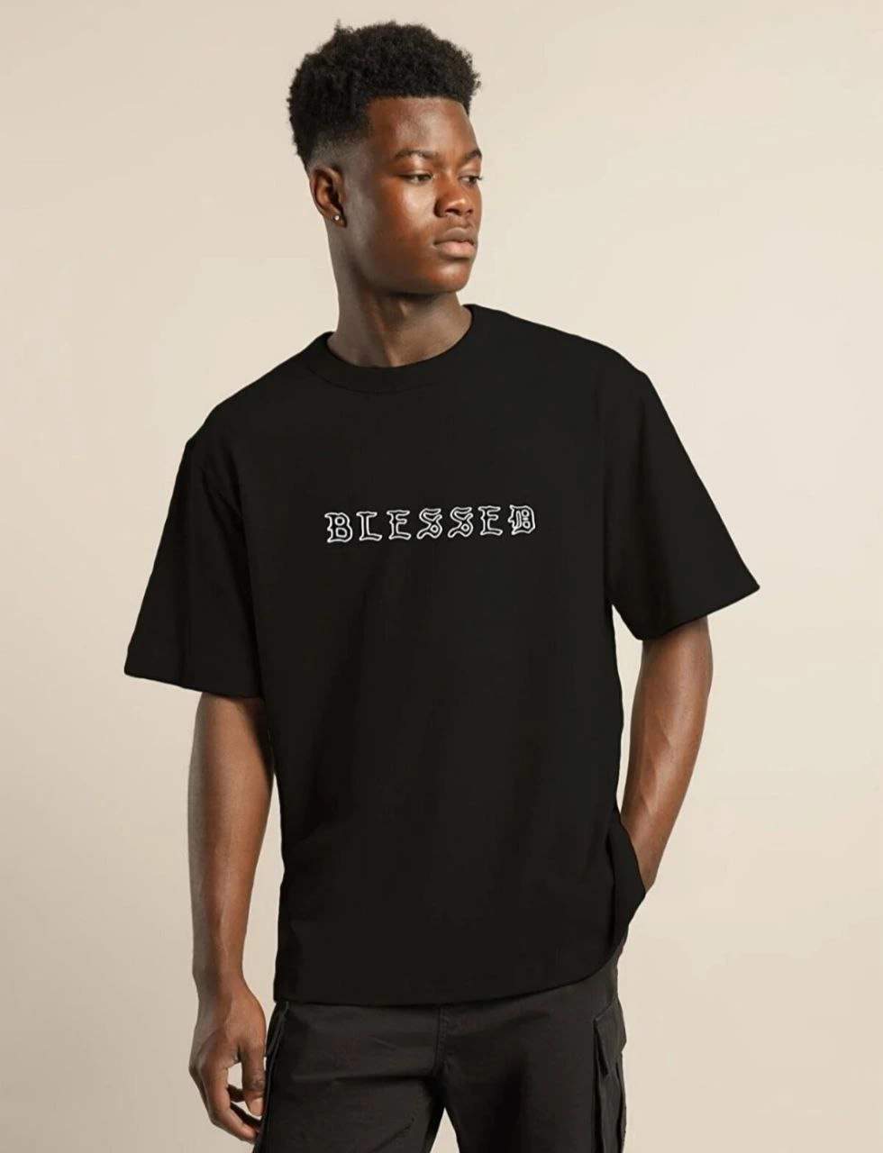 ERKEK Bisiklet Yaka Oversize Baskılı T-Shirt - Siyah