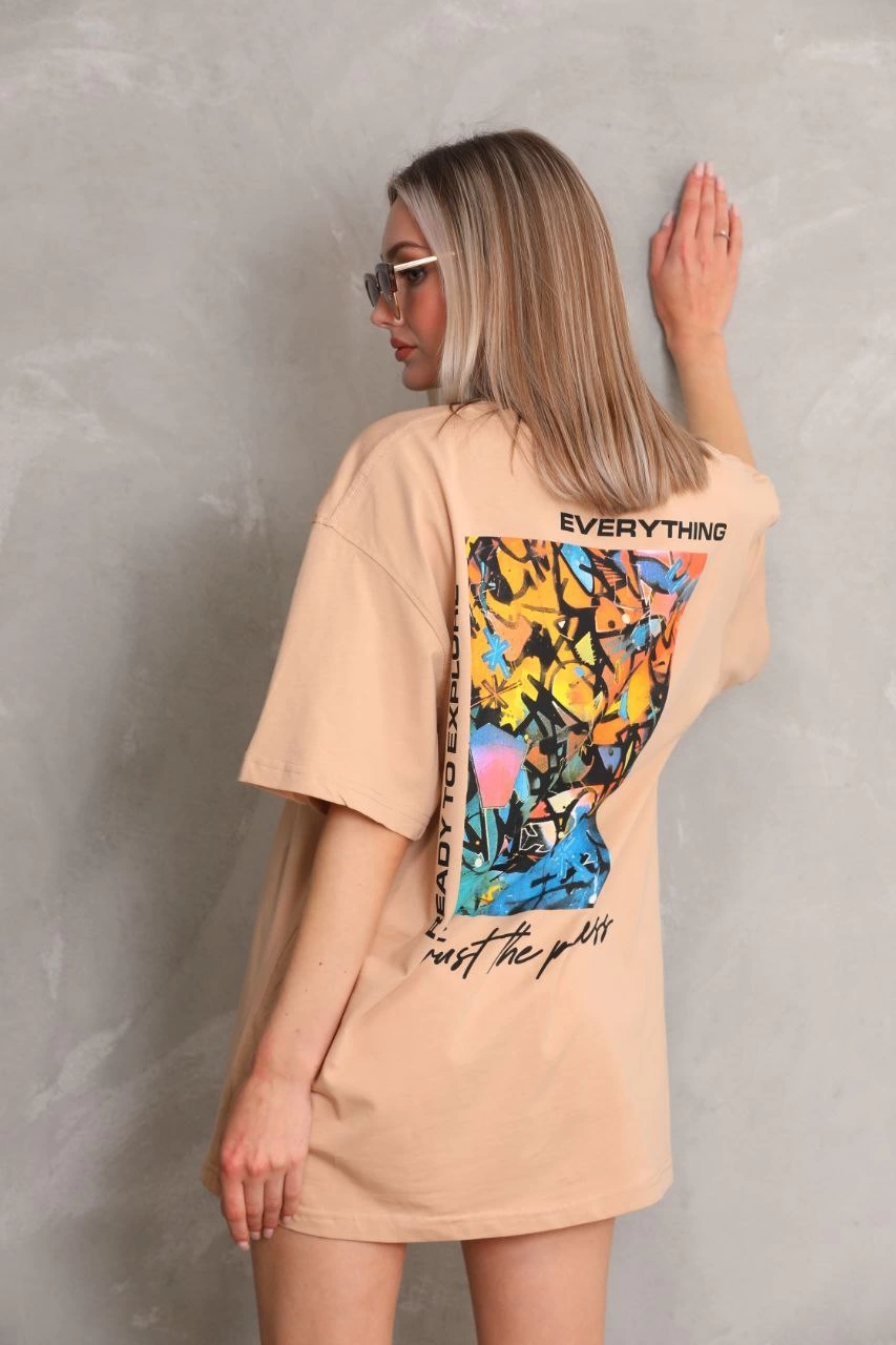kadın Bisiklet Yaka Baskılı Oversize Kısa kol T-Shirt - Bej